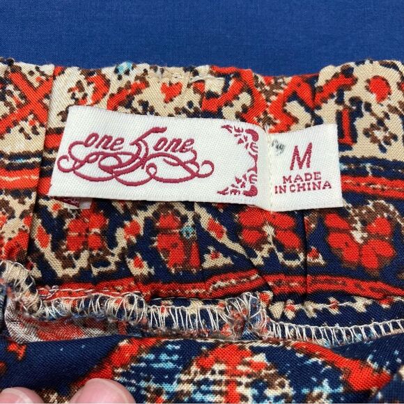 One 5 One Abstract Print Shorts SZ M Blue Orange Summer Elastic Waist Tie Belt - Picture 8 of 11